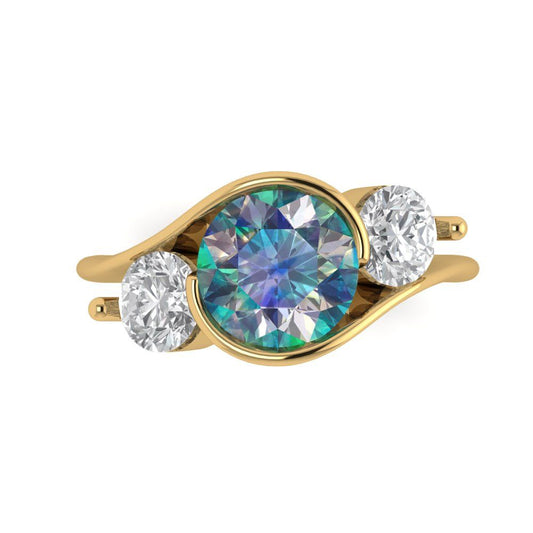 3.5 cttw Blue Moissanite Three-Stone Engagement Ring - Solid Yellow Gold (VVS1, Round Cut,8.0mm)