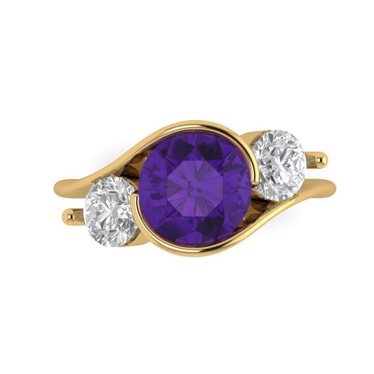 3.5 cttw Natural Amethyst Three-Stone Engagement Ring - Solid Yellow Gold (VVS1, Round Cut,8.0mm)