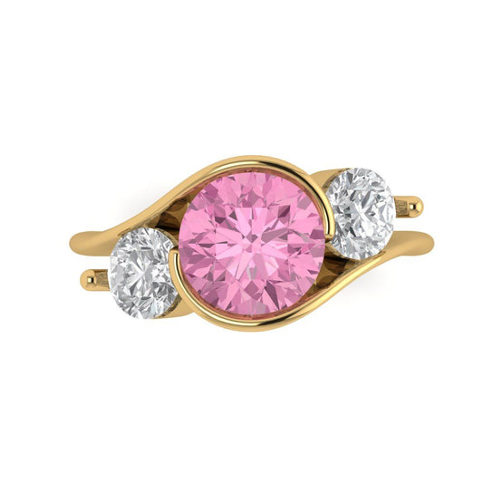3.5 cttw Zirconia Simulated Pink Diamond Three-Stone Engagement Ring - Solid Yellow Gold (VVS1, Round Cut,8.0mm)
