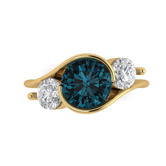 3.5 cttw Natural London Blue Topaz Three-Stone Engagement Ring - Solid Yellow Gold (VVS1, Round Cut,8.0mm)