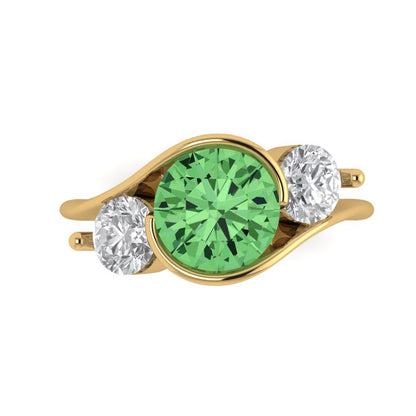 3.5 cttw Zirconia Simulated Green Diamond Three-Stone Engagement Ring - Solid Yellow Gold (VVS1, Round Cut,8.0mm)
