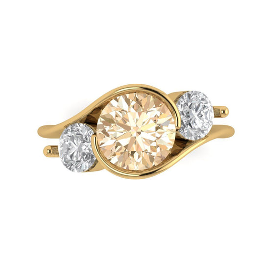 3.5 cttw Natural Morganite Three-Stone Engagement Ring - Solid Yellow Gold (VVS1, Round Cut,8.0mm)