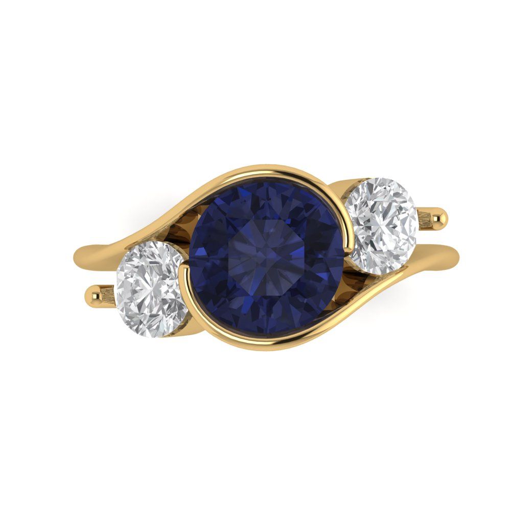 3.5 cttw Simulated Blue Sapphire Three-Stone Engagement Ring - Solid Gold (Round Cut,8.0mm)