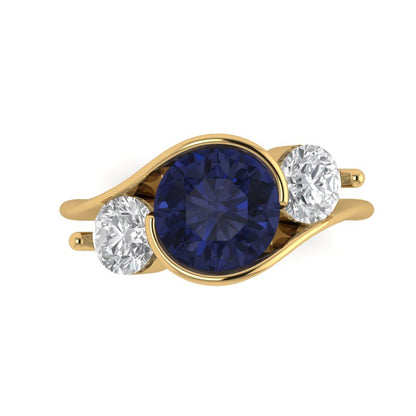 3.5 cttw Simulated Blue Sapphire Three-Stone Engagement Ring - Solid Gold (Round Cut,8.0mm)