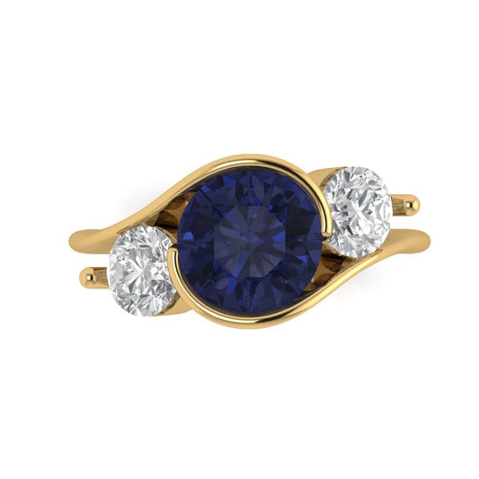 3.5 cttw Simulated Blue Sapphire Three-Stone Engagement Ring - Solid Yellow Gold (VVS1, Round Cut,8.0mm)