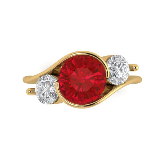 3.5 cttw Simulated Pink Tourmaline Three-Stone Engagement Ring - Solid Yellow Gold (VVS1, Round Cut,8.0mm)