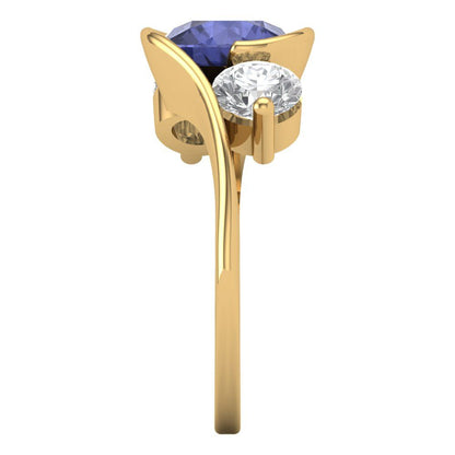 3.5 cttw Simulated Tanzanite Three-Stone Engagement Ring - Solid Yellow Gold (VVS1, Round Cut,8.0mm)