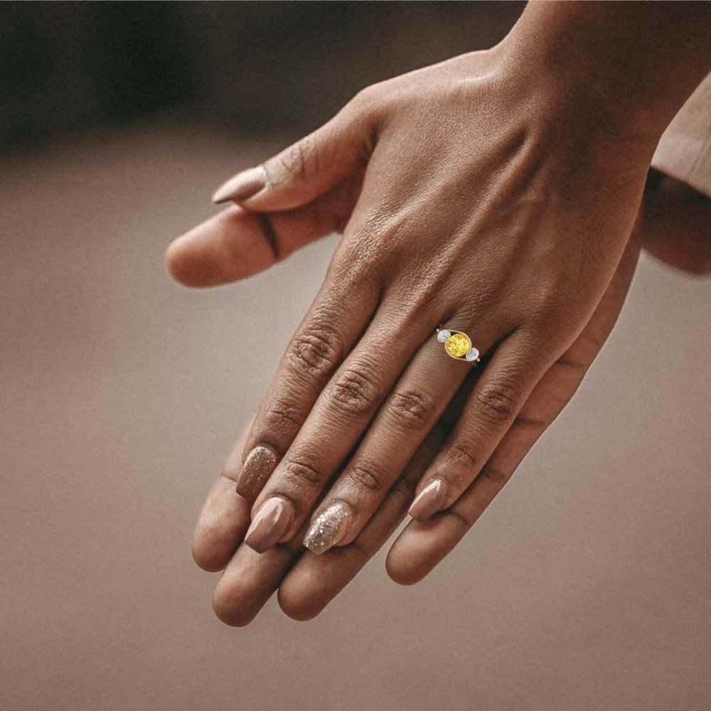 3.5 cttw Zirconia Simulated Yellow Diamond Three-Stone Engagement Ring - Solid Yellow Gold (VVS1, Round Cut,8.0mm)