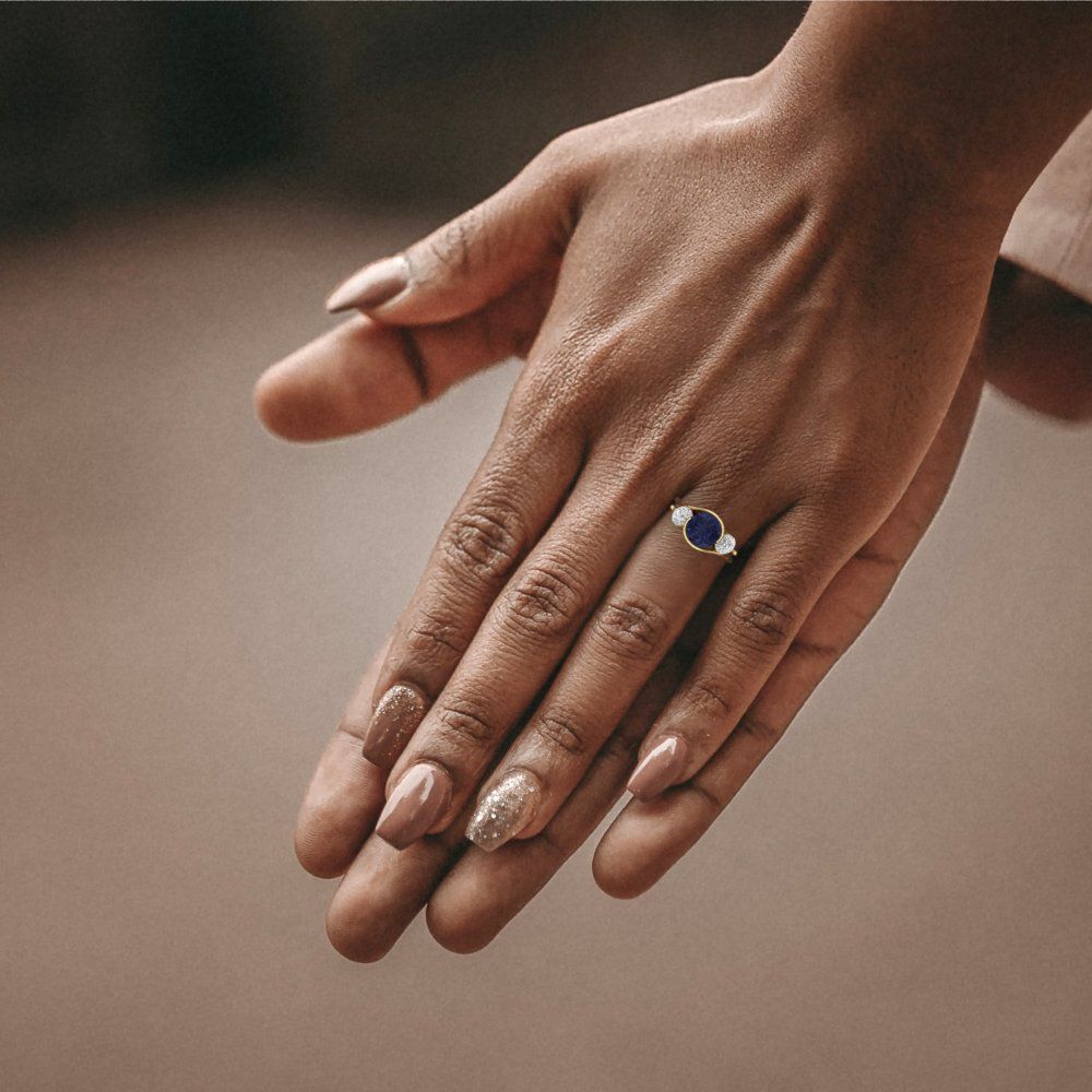 3.5 cttw Simulated Blue Sapphire Three-Stone Engagement Ring - Solid Gold (Round Cut,8.0mm)