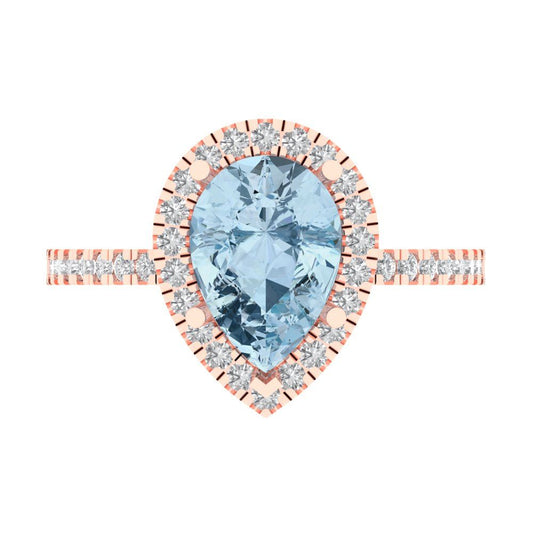 2.38 cttw Natural Aquamarine Hidden Halo Engagement Ring - Solid Rose Gold (VVS1, Pear Cut,10x7mm )