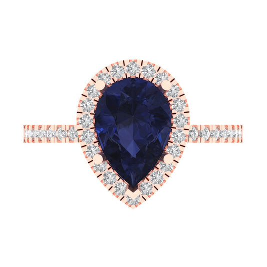 2.38 cttw Simulated Blue Sapphire Hidden Halo Engagement Ring - Solid Rose Gold (VVS1, Pear Cut,10x7mm )
