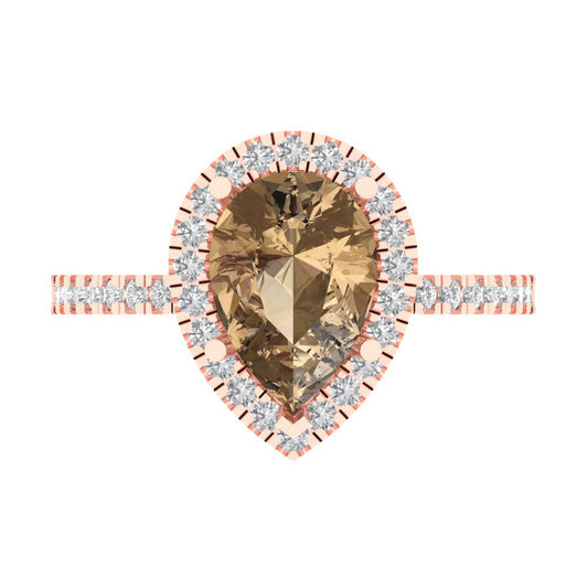2.38 cttw Zirconia Simulated Champagne Diamond Hidden Halo Engagement Ring - Solid Rose Gold (VVS1, Pear Cut,10x7mm )