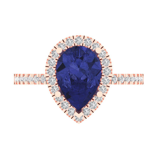 2.38 cttw Simulated Tanzanite Hidden Halo Engagement Ring - Solid Rose Gold (VVS1, Pear Cut,10x7mm )