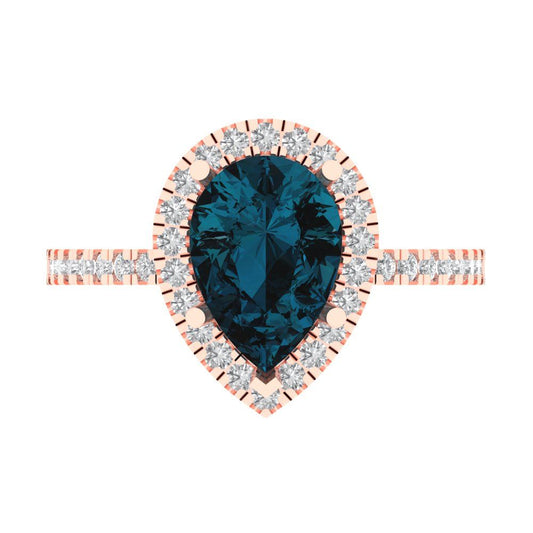 2.38 cttw Natural London Blue Topaz Hidden Halo Engagement Ring - Solid Rose Gold (VVS1, Pear Cut,10x7mm )