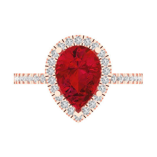 2.38 cttw Simulated Ruby Hidden Halo Engagement Ring - Solid Rose Gold (VVS1, Pear Cut,10x7mm )