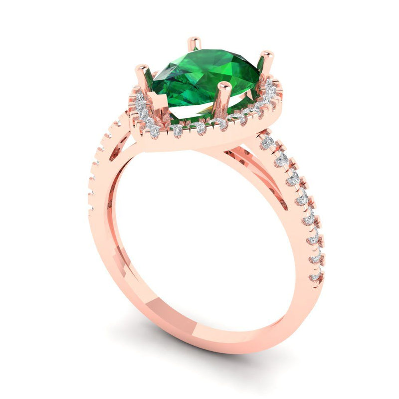 2.38 ct Brilliant Pear Cut Simulated Emerald Stone Rose Gold Halo Solitaire with Accents Ring
