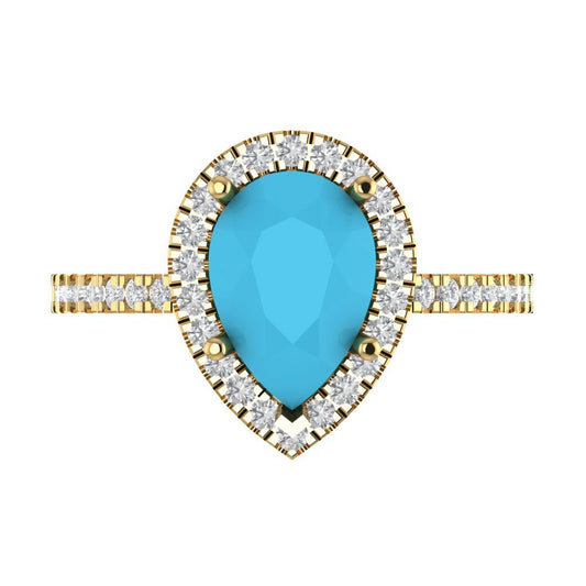 2.38 cttw Simulated Turquoise Hidden Halo Engagement Ring - Solid Yellow Gold (VVS1, Pear Cut,10x7mm )