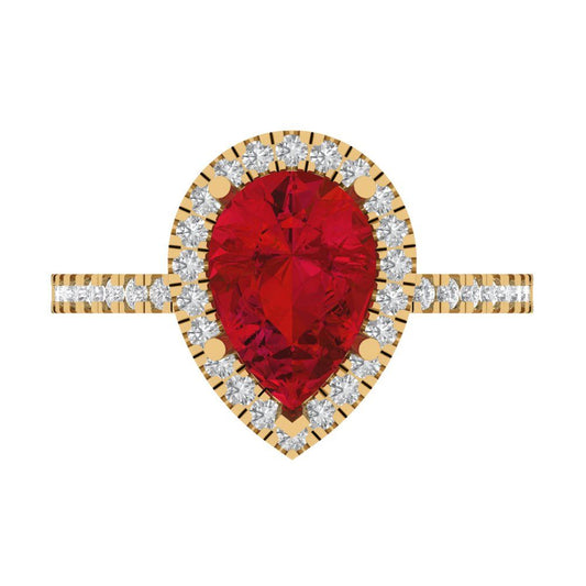2.38 cttw Simulated Ruby Hidden Halo Engagement Ring - Solid Yellow Gold (VVS1, Pear Cut,10x7mm )