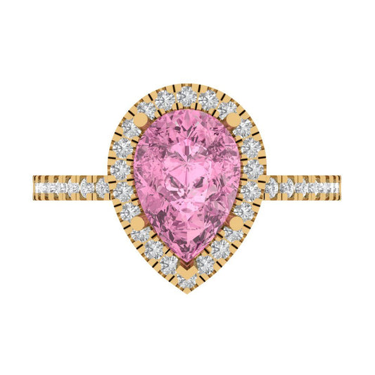 2.38 cttw Zirconia Simulated Pink Diamond Hidden Halo Engagement Ring - Solid Yellow Gold (VVS1, Pear Cut,10x7mm )