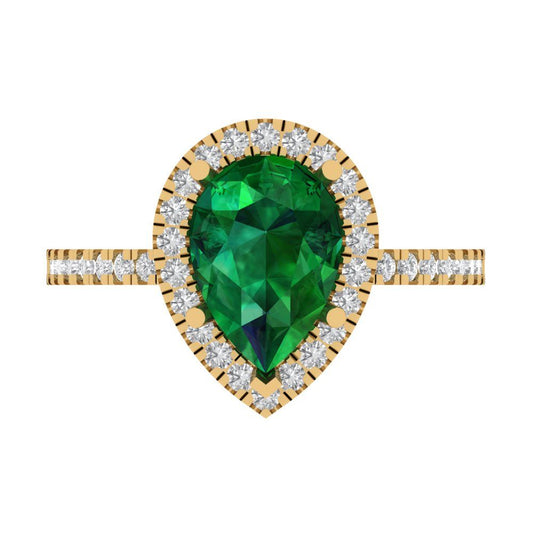 2.38 cttw Simulated Emerald Hidden Halo Engagement Ring - Solid Yellow Gold (VVS1, Pear Cut,10x7mm )