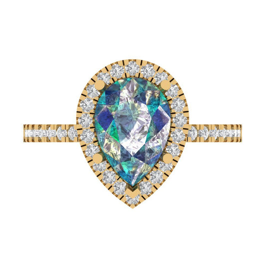 2.38 cttw Blue Moissanite Hidden Halo Engagement Ring - Solid Yellow Gold (VVS1, Pear Cut,10x7mm )