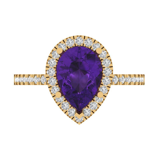 2.38 cttw Natural Amethyst Hidden Halo Engagement Ring - Solid Yellow Gold (VVS1, Pear Cut,10x7mm )