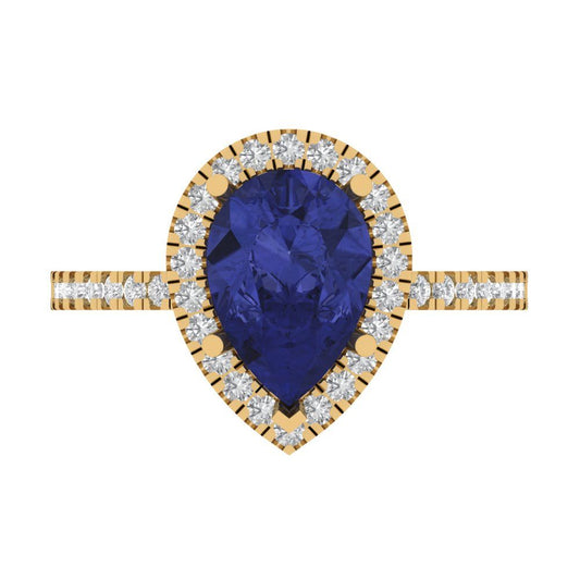 2.38 cttw Simulated Tanzanite Hidden Halo Engagement Ring - Solid Yellow Gold (VVS1, Pear Cut,10x7mm )