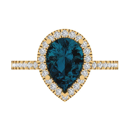 2.38 cttw Natural London Blue Topaz Hidden Halo Engagement Ring - Solid Yellow Gold (VVS1, Pear Cut,10x7mm )
