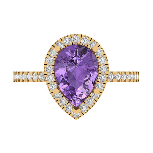 2.38 cttw Simulated Alexandrite Hidden Halo Engagement Ring - Solid Yellow Gold (VVS1, Pear Cut,10x7mm )