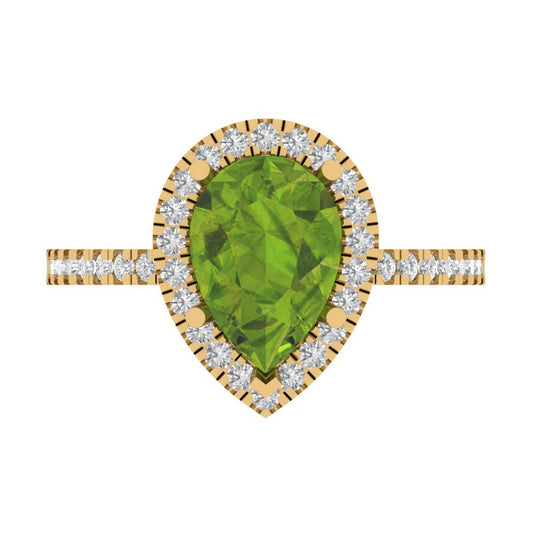 2.38 cttw Natural Peridot Hidden Halo Engagement Ring - Solid Yellow Gold (VVS1, Pear Cut,10x7mm )