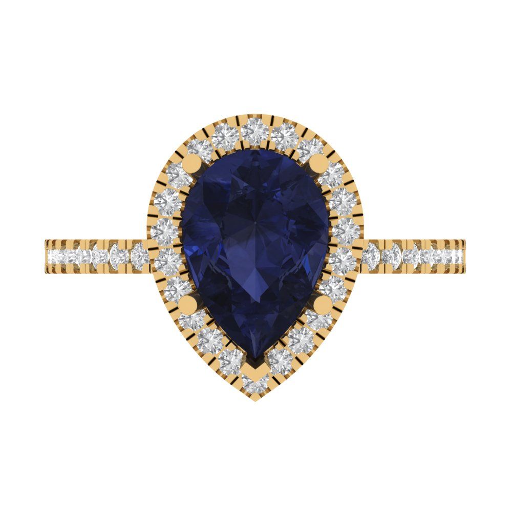 2.38 cttw Simulated Blue Sapphire Hidden Halo Engagement Ring - Solid Gold (Pear Cut,10x7mm )