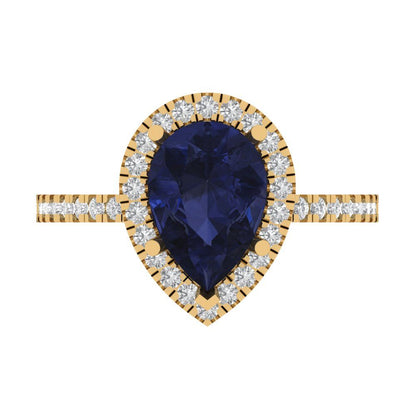 2.38 cttw Simulated Blue Sapphire Hidden Halo Engagement Ring - Solid Gold (Pear Cut,10x7mm )