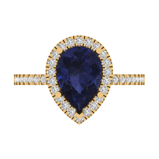 2.38 cttw Simulated Blue Sapphire Hidden Halo Engagement Ring - Solid Yellow Gold (VVS1, Pear Cut,10x7mm )