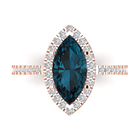 2.38 cttw Natural London Blue Topaz Hidden Halo Engagement Ring - Solid Rose Gold (VVS1, Marquise Cut,12x6mm )