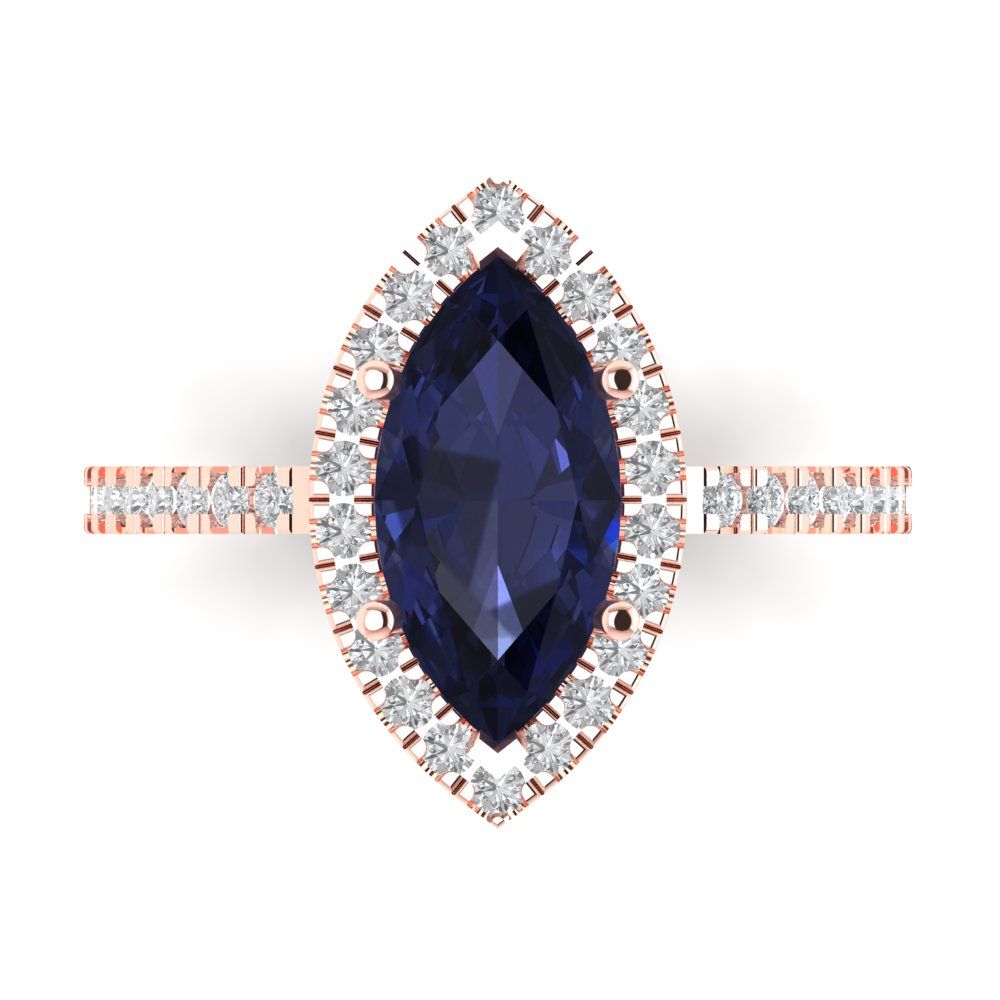 2.38 cttw Simulated Blue Sapphire Hidden Halo Engagement Ring - Solid Gold (Marquise Cut,12x6mm )