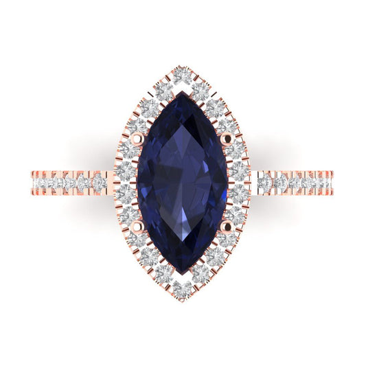 2.38 cttw Simulated Blue Sapphire Hidden Halo Engagement Ring - Solid Rose Gold (VVS1, Marquise Cut,12x6mm )