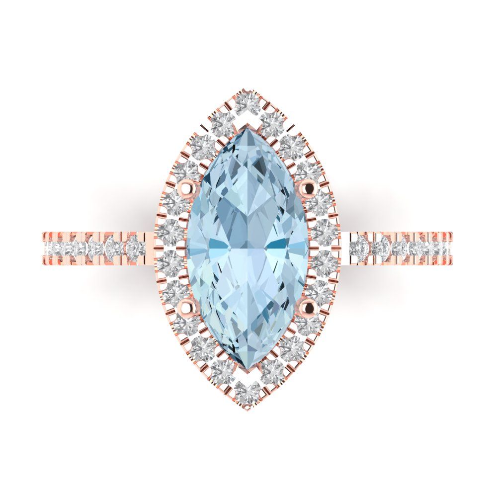 2.38 cttw Natural Aquamarine Hidden Halo Engagement Ring - Solid Gold (Marquise Cut,12x6mm )