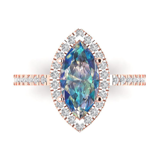 2.38 cttw Blue Moissanite Hidden Halo Engagement Ring - Solid Rose Gold (VVS1, Marquise Cut,12x6mm )