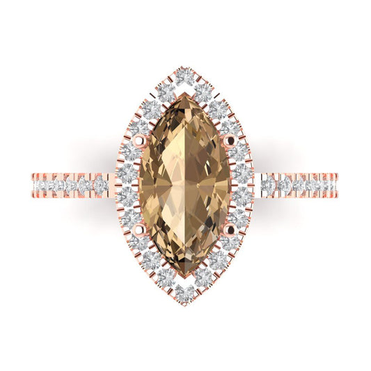 2.38 cttw Zirconia Simulated Champagne Diamond Hidden Halo Engagement Ring - Solid Rose Gold (VVS1, Marquise Cut,12x6mm )