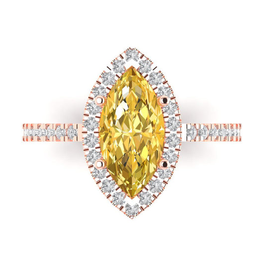 2.38 cttw Zirconia Simulated Yellow Diamond Hidden Halo Engagement Ring - Solid Rose Gold (VVS1, Marquise Cut,12x6mm )