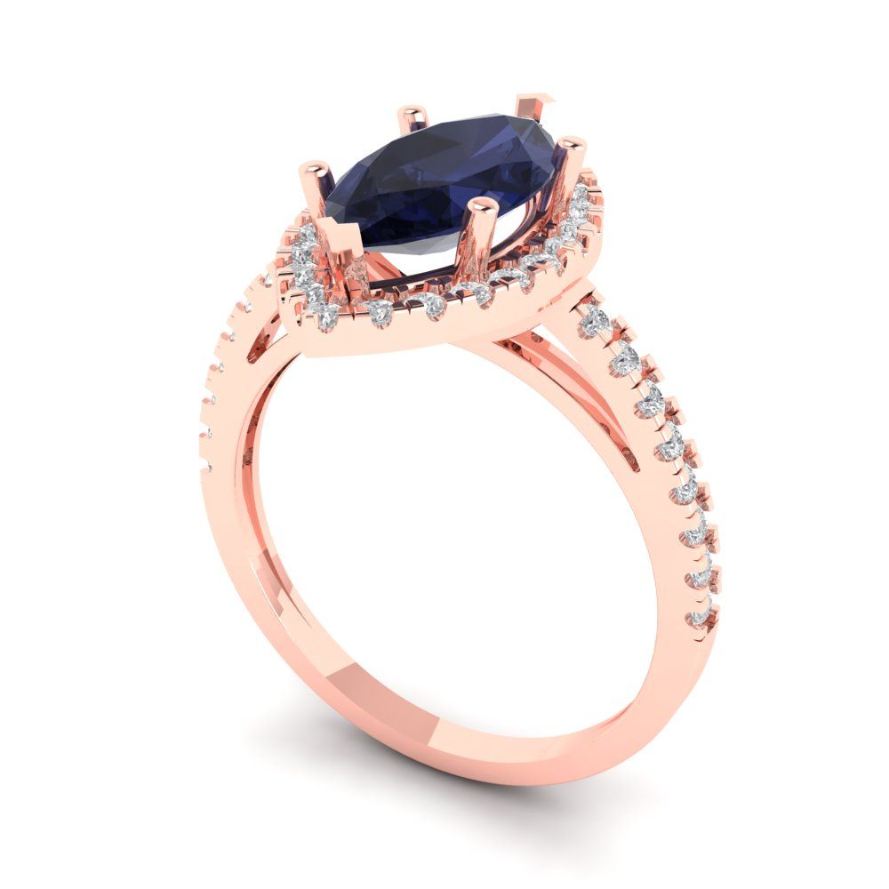 2.38 cttw Simulated Blue Sapphire Hidden Halo Engagement Ring - Solid Gold (Marquise Cut,12x6mm )