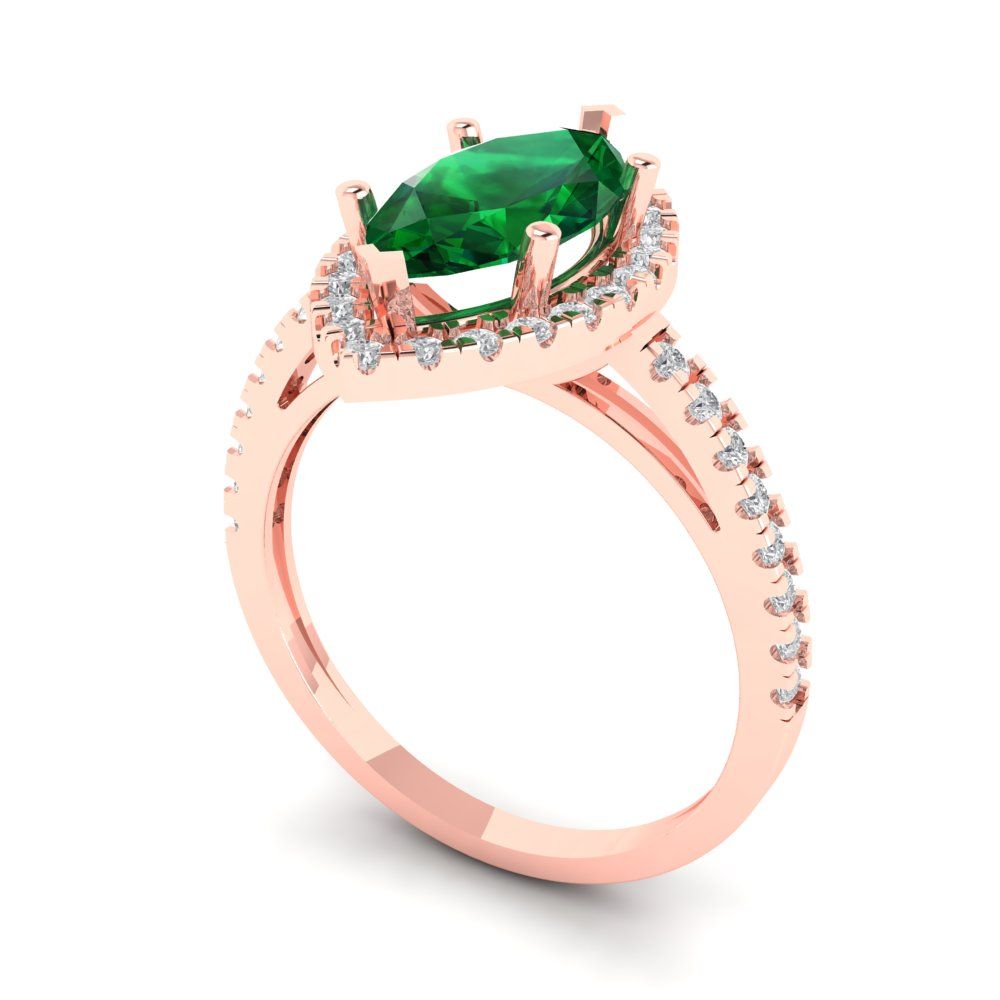 2.38 cttw Simulated Emerald Hidden Halo Engagement Ring - Solid Gold (Marquise Cut,12x6mm )