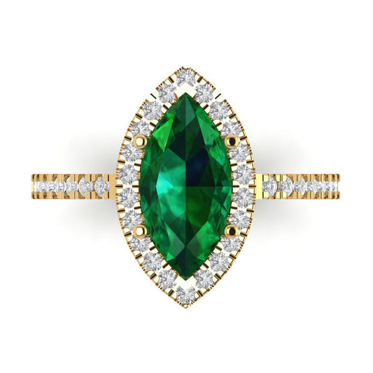 2.38 cttw Simulated Emerald Hidden Halo Engagement Ring - Solid Yellow Gold (VVS1, Marquise Cut,12x6mm )