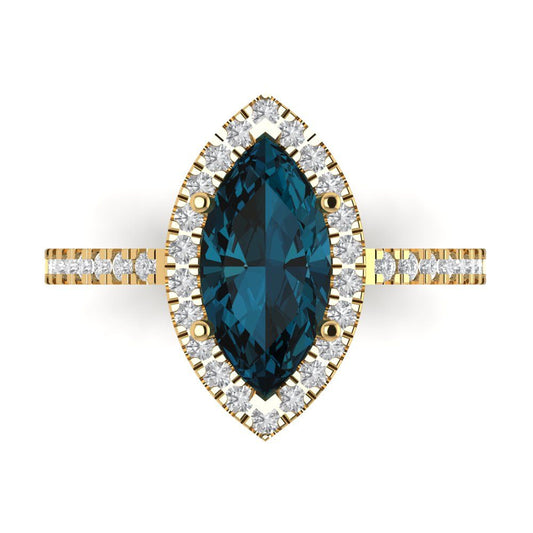 2.38 cttw Natural London Blue Topaz Hidden Halo Engagement Ring - Solid Yellow Gold (VVS1, Marquise Cut,12x6mm )