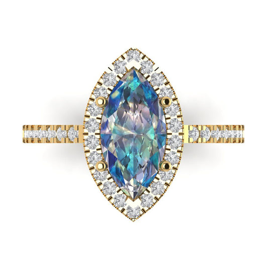 2.38 cttw Blue Moissanite Hidden Halo Engagement Ring - Solid Yellow Gold (VVS1, Marquise Cut,12x6mm )