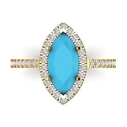 2.38 ct Brilliant Marquise Cut Simulated Turquoise Yellow Gold Halo Solitaire with Accents Engagement Ring, December Birthstone