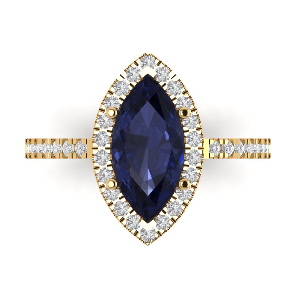 2.38 cttw Simulated Blue Sapphire Hidden Halo Engagement Ring - Solid Gold (Marquise Cut,12x6mm )