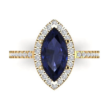 2.38 cttw Simulated Blue Sapphire Hidden Halo Engagement Ring - Solid Gold (Marquise Cut,12x6mm )