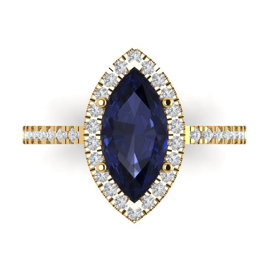 2.38 cttw Simulated Blue Sapphire Hidden Halo Engagement Ring - Solid Yellow Gold (VVS1, Marquise Cut,12x6mm )