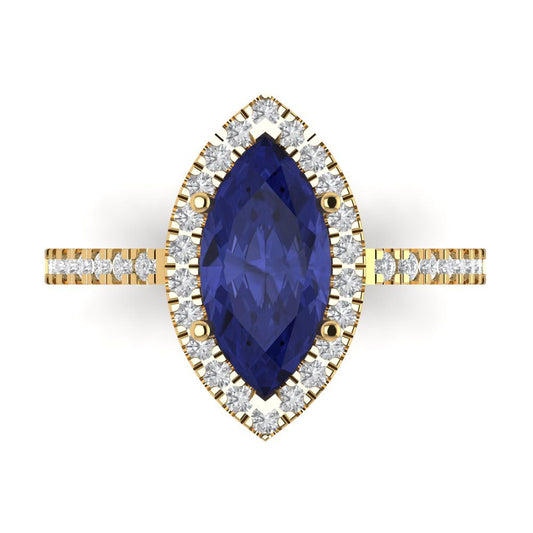2.38 cttw Simulated Tanzanite Hidden Halo Engagement Ring - Solid Yellow Gold (VVS1, Marquise Cut,12x6mm )